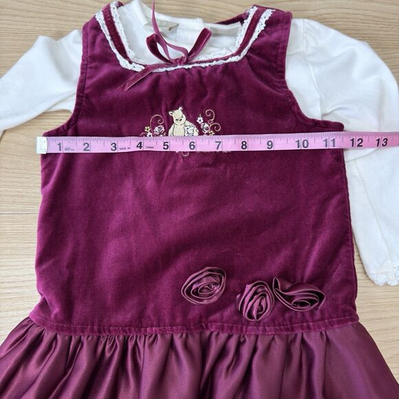 Vintage Pooh Velvet Dress Girls 24M Burgundy Ribbon Embroidery MVMCP Holiday 90s - Picture 7 of 11